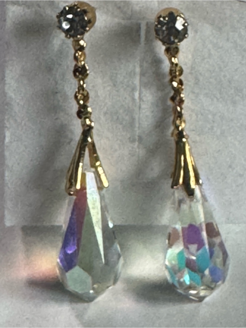 Vintage Crystal Aurora Borealis dangle earrings.Likely 1950’s Goldtone untested